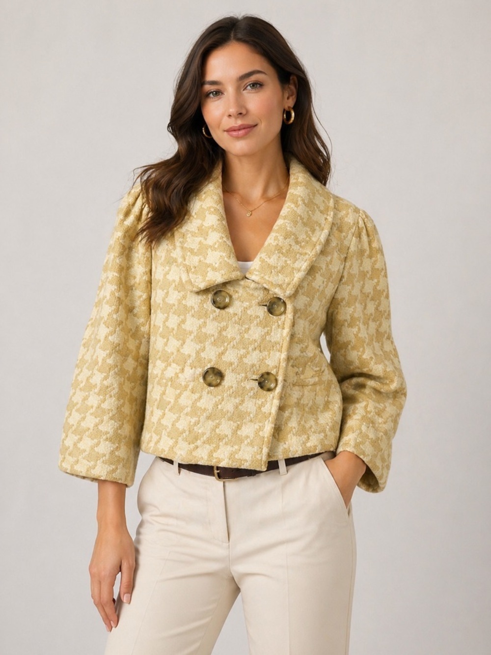 Forever 21 Yellow Houndstooth Cropped Jacket Size L Double Breasted Chic